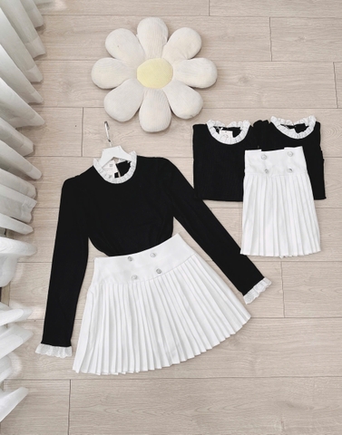 SET354-Set áo len phôi ren và chân váy xếp ly ngắn 2 lớp