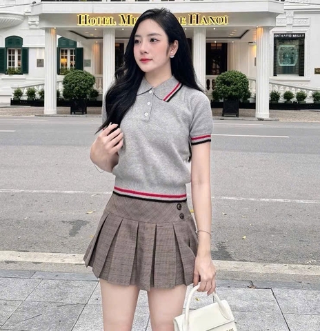 A52-Áo len dệt kim Quảng Châu cộc tay xám cổ bẻ