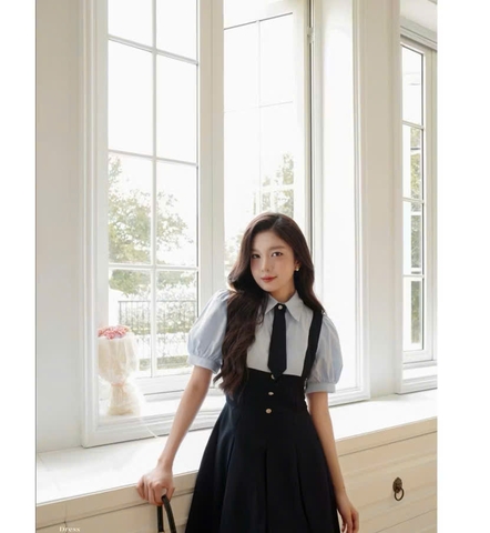 ☘️DAM132 VÁY PHỐI CỔ VUÔNG XẾP LI TAY BỒNG MIXX CÚC CỎ 4 LÁ 🌺