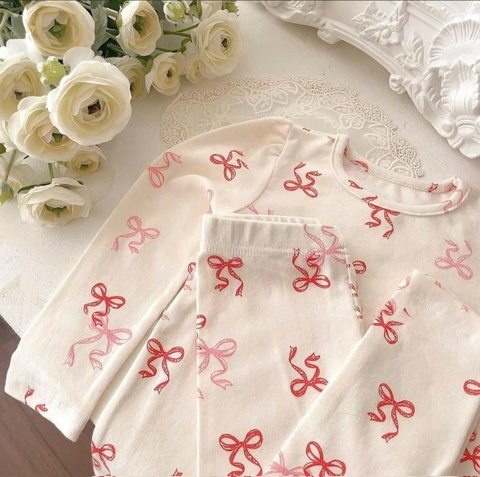 CB190 (9-27kg)-Combo 2 bộ nỉ díp nơ hồng cho bé gái