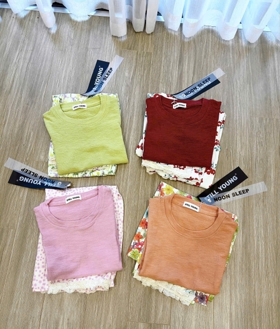 SET450-Áo áo cộc cotton xược trơn mix quần chân ren