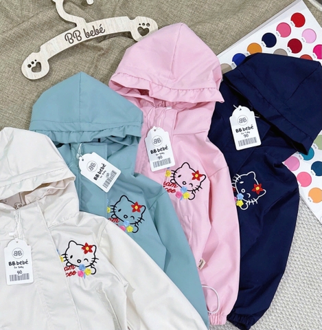 AOKID03-Áo gió 2 lớp lót lưới có mũ KITTY bé gái 4 màu