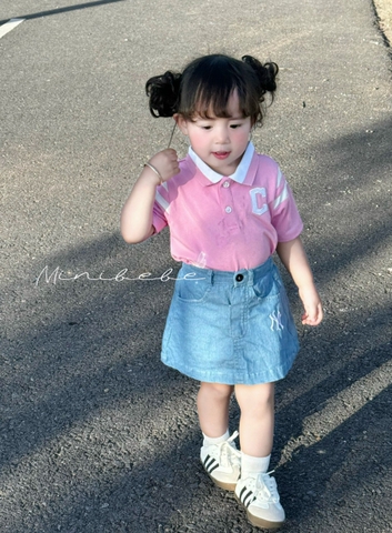 SETKID045- Set aó polo  N.Y hồng mix CV JEANS xanh bé gái
