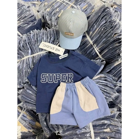 BT459- Bộ super xanh biển phối kèm mũ kẻ chất cotton mix quần cua