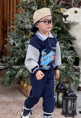 Bt714- Bộ polo phối BEAR xanh phối ghi in pét loại đẹp