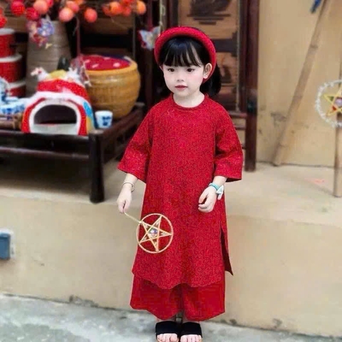 SETKID057-SET áo dài đỏ lụa vân chìm bé gai tặng kèm mấn