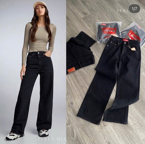 QUAN039- quần jeans đen suông nhà máy full tem dài 98-103cm