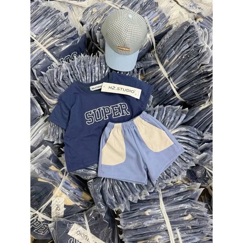 BT459- Bộ super xanh biển phối kèm mũ kẻ chất cotton mix quần cua