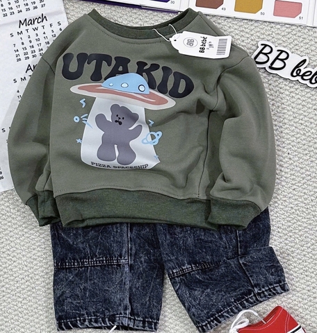 Bt711-Bộ nỉ haida xanh rêu phối quần jean bé trai