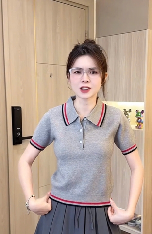 A52-Áo len dệt kim Quảng Châu cộc tay xám cổ bẻ