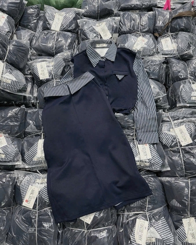 Set798-Set công sở xanh than phối kẻ vải umi