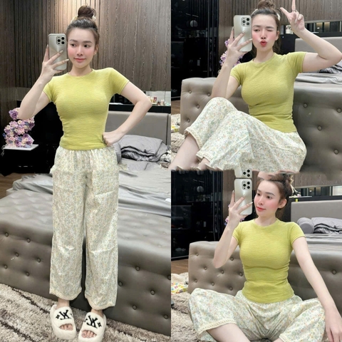 SET450-Áo áo cộc cotton xược trơn mix quần chân ren