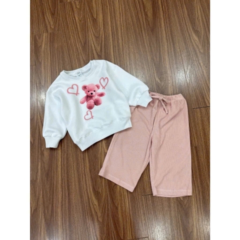 BN219-Bộ nỉ GẤU HỒNG mix quần suông tăm bé gái VNXK