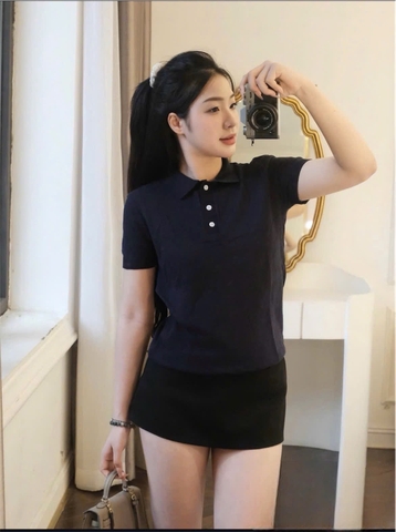 A429- Áo len dệt kim cộc tay cổ bẻ màu xanh than