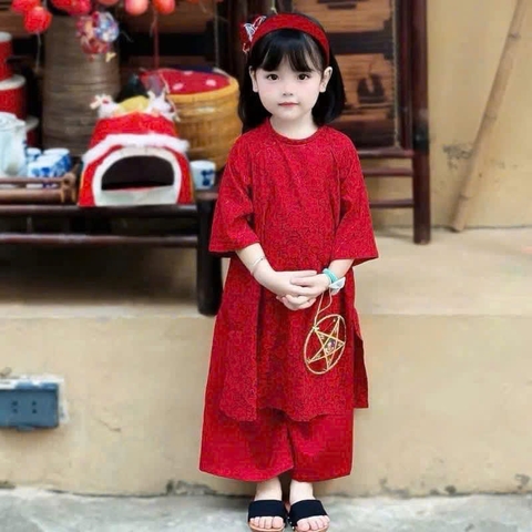 SETKID057-SET áo dài đỏ lụa vân chìm bé gai tặng kèm mấn