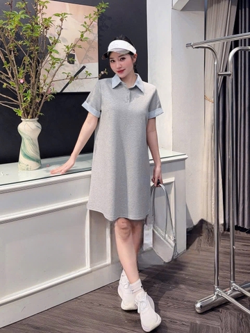 DAM150- đầm zip suông phối kẻ cổ đức 2 màu than-ghi