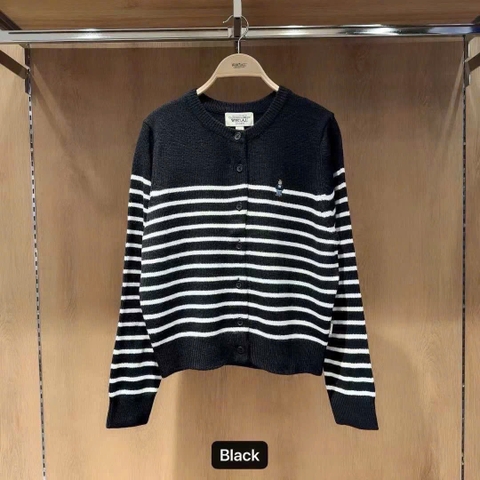 A428- Áo len cadigan kẻ đen thêu gấu hàng nhà máy