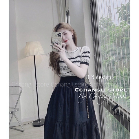 SET áo len mongtoghi kẻ ngang kèm chân váy đen (có tách lẻ)