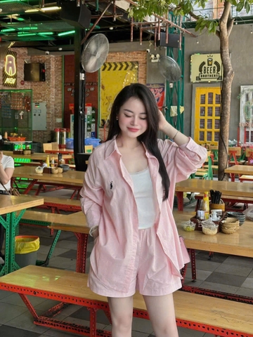 SET552- Set 3 chi tiết sơ mi suông hồng đào quần short cộc