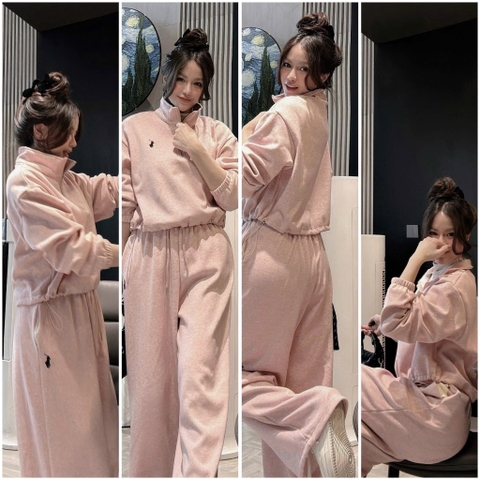 Set797-Set mặc nhà tăm thỏ màu hồng phối quần suông dài