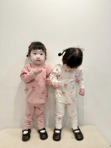 CB190 (9-27kg)-Combo 2 bộ nỉ díp nơ hồng cho bé gái