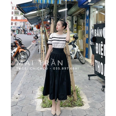 SET áo len mongtoghi kẻ ngang kèm chân váy đen (có tách lẻ)