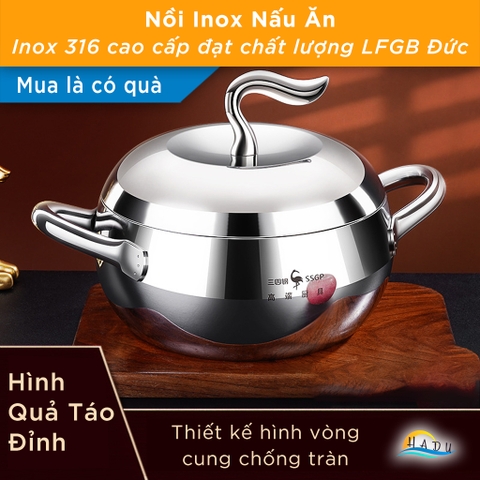 Nồi Inox 316L SSGP Đáy 3 Lớp, Thiết Kế Hình Quả Táo, Dùng Bếp Từ, Đạt Chất Lượng LFGB Đức