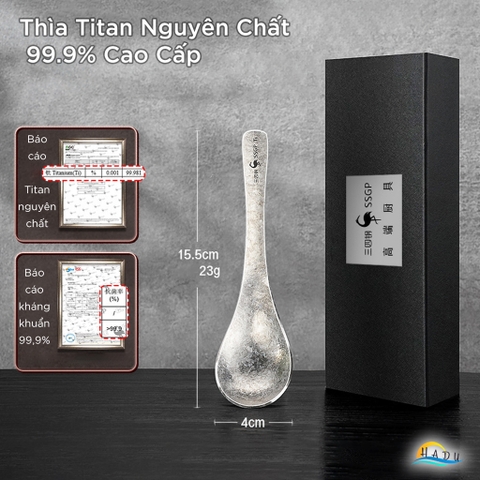 Thìa Ăn Titan Nguyên Chất SSGP, Siêu Nhẹ 22g, Kháng Khuẩn, Dài 15.5cm, Đạt Chất Lượng LFGB Đức