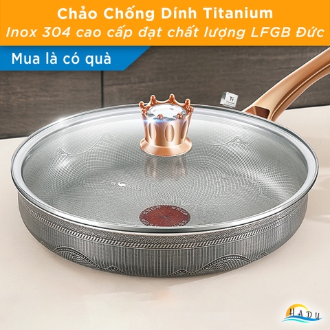 Chảo Chống Dính Cao Cấp Titanium – 24cm, 26cm, 28cm, Inox 304, Nắp Pha Lê Sang Trọng, Dùng Cho Bếp Từ SSGP