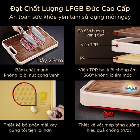 Thớt Gỗ Đàn Hương 2 Mặt SSGP, Kèm Chỗ Mài Gừng Tỏi, Chống Mốc, Đạt Chất Lượng LFGB Đức
