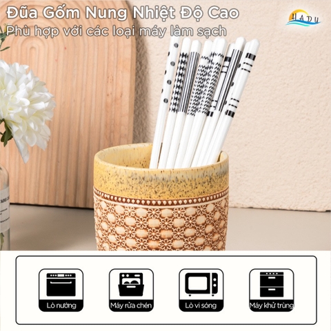 Bộ 5 Đôi Đũa Gốm Sứ HADU Cao Cấp, Chịu Nhiệt, Dùng Cho Máy Rửa Bát, 24.5cm
