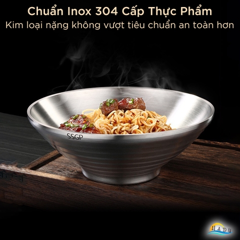 Tô Ăn Mì Phở Inox 304 SSGP, 2 Lớp Cách Nhiệt Chống Nóng, Chân Đế Cao, 24cm, Đạt Chất Lượng LFGB Đức