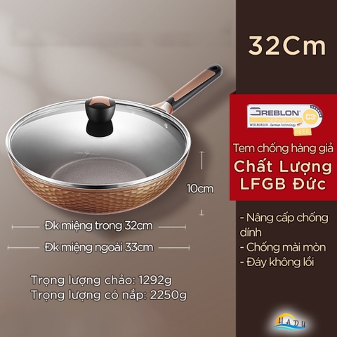 Chảo Chống Dính Lòng Sâu Bếp Từ SSGP 32cm, Phủ Greblon, Kèm Nắp Kính, Đạt Chất Lượng LFGB Đức