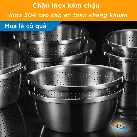Bộ Rổ và Chậu Inox 304 SSGP, Đa Năng Rửa Rau Củ, Xếp Chồng Gọn, Nhiều Size, Đạt Chất Lượng LFGB Đức