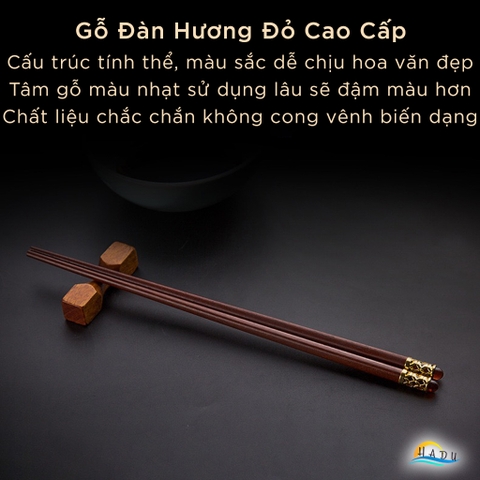 Bộ 10 Đôi Đũa Gỗ Đàn Hương Đỏ HADU, Chống Mốc, Chống Trơn, Dài 25cm