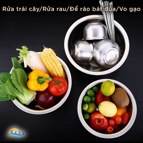 Bộ Rổ và Chậu Inox 304 SSGP, Đa Năng Rửa Rau Củ, Xếp Chồng Gọn, Nhiều Size, Đạt Chất Lượng LFGB Đức