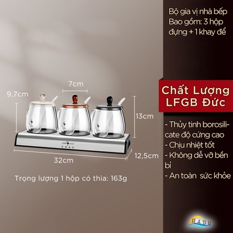 Bộ 3 Hũ Gia Vị Thủy Tinh Borosilicate SSGP, Nắp Nhiều Màu, Xếp Chồng, Kèm Khay, Đạt Chất Lượng LFGB Đức