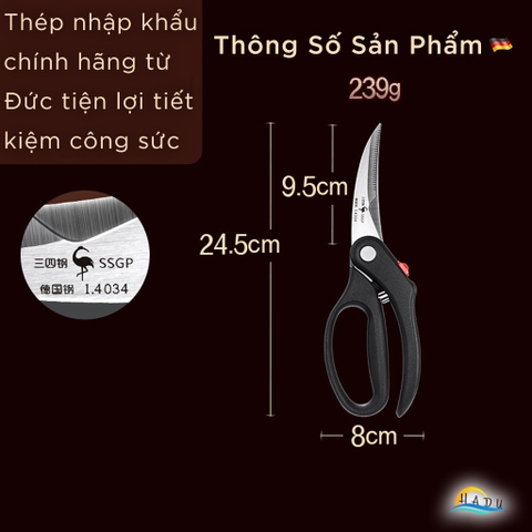 Kéo Cắt Gà Trợ Lực SSGP, Thép Đức, Lò Xo Giảm Lực, Khóa An Toàn, Dài 24.5cm, Đạt Chất Lượng LFGB Đức