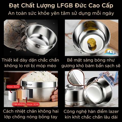 Bát Ăn Cơm Inox 304 SSGP 2 Lớp Cách Nhiệt 12cm (400ml), Đạt Chất Lượng LFGB Đức