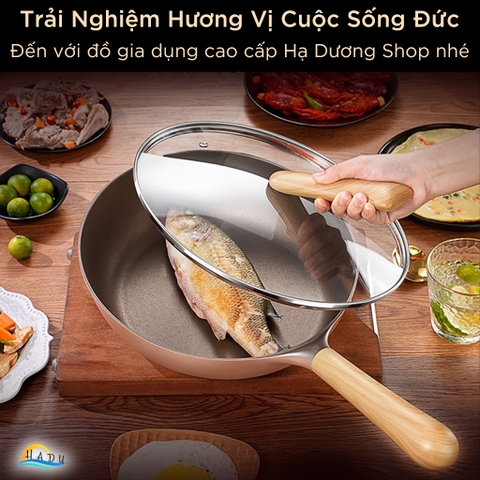 Chảo Chống Dính Bếp Từ SSGP Phủ Đá Núi Lửa, 32cm, Lòng Sâu, Màu Hồng, Có Nắp, Đạt Chất Lượng LFGB Đức