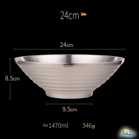 Tô Ăn Mì Phở Inox 304 SSGP, 2 Lớp Cách Nhiệt Chống Nóng, Chân Đế Cao, 24cm, Đạt Chất Lượng LFGB Đức