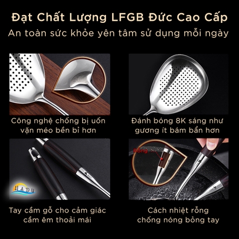 Xẻng Xào Nấu Inox 316L SSGP, Cán Gỗ Chống Nóng, Kháng Khuẩn, Dài 38cm, Đạt Chất Lượng LFGB Đức