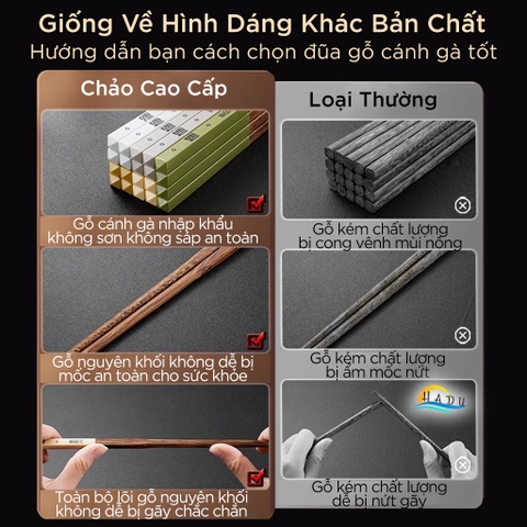Bộ 5 Đôi Đũa Gỗ Cánh Gà SSGP, Chống Mốc, Chống Trơn, Dài 24cm, Không Sơn, Đạt Chất Lượng LFGB Đức
