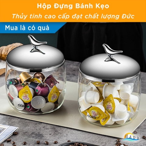 Hũ Đựng Bánh Kẹo Thủy Tinh Borosilicate CCKO 2.2L, Nắp Inox 304 Hình Con Chim