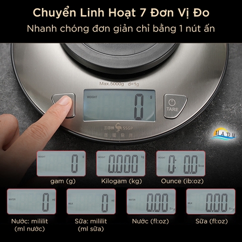 Cân Điện Tử 5KG – Thép Không Gỉ, Chuyển Đổi 7 Đơn Vị, Màn Hình Nghiêng Có Đèn, Cảm Biến Chính Xác, Tự Động Tắt SSGP