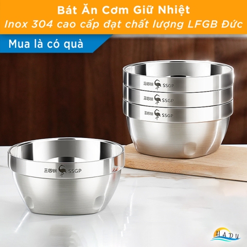 Bát Ăn Cơm Inox 304 SSGP 2 Lớp Cách Nhiệt 12cm (400ml), Đạt Chất Lượng LFGB Đức