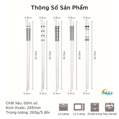 Bộ 5 Đôi Đũa Gốm Sứ HADU Cao Cấp, Chịu Nhiệt, Dùng Cho Máy Rửa Bát, 24.5cm