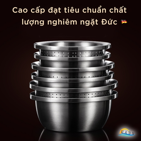 Bộ Rổ và Chậu Inox 304 SSGP, Đa Năng Rửa Rau Củ, Xếp Chồng Gọn, Nhiều Size, Đạt Chất Lượng LFGB Đức