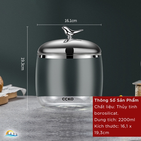 Hũ Đựng Bánh Kẹo Thủy Tinh Borosilicate CCKO 2.2L, Nắp Inox 304 Hình Con Chim