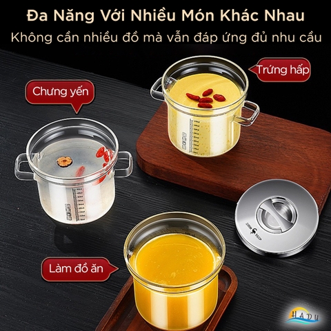 Thố Chưng Yến Hấp Chứng 450ml Thủy Tinh Nắp Inox 304 Cao Cấp Đạt Chất Lượng LFGB Đức SSGP